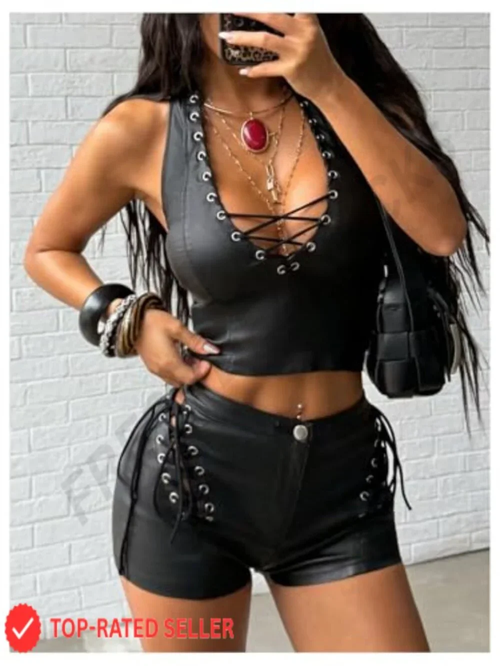 Faux Leather Lace Up High Waisted Mini Shorts Y2K Rave Night Out